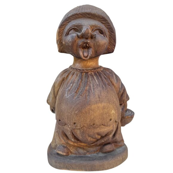 Handmade Other - Hand-Carved Solid Wood Figurine Of A Choir Boy Singing Holding Basket